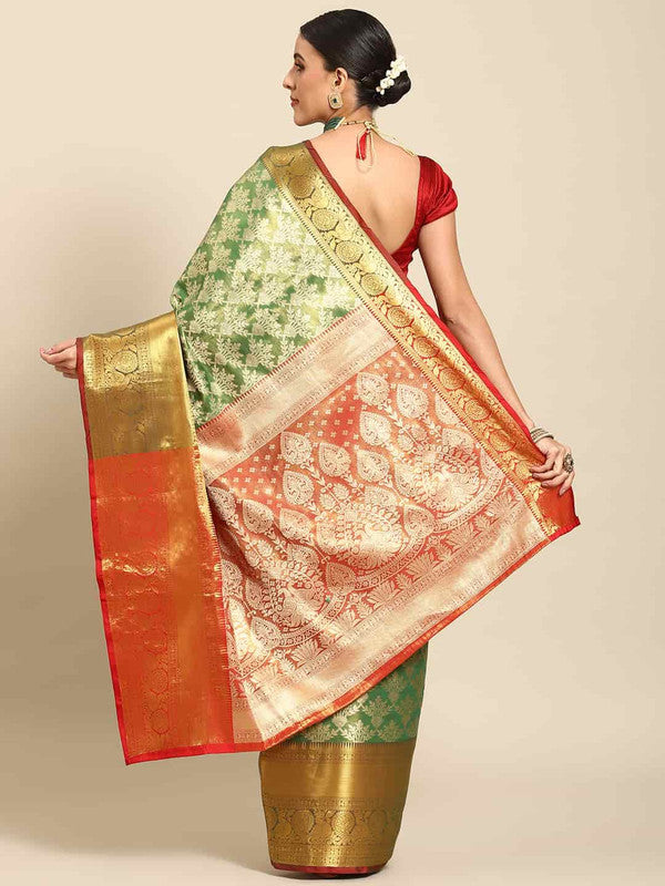 Green Art Silk Woven Zari Design Floral Saree with Unstitched Blouse - Hiral Fashion - Distacart