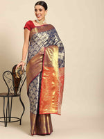 Thumbnail for Navy Blue Art Silk Woven Zari Design Floral Saree with Unstitched Blouse - Hiral Fashion - Distacart