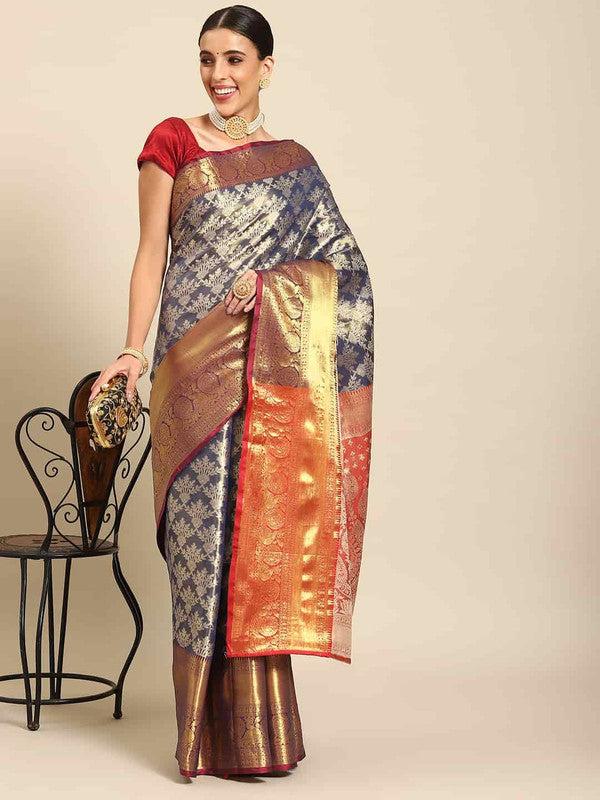 Navy Blue Art Silk Woven Zari Design Floral Saree with Unstitched Blouse - Hiral Fashion - Distacart