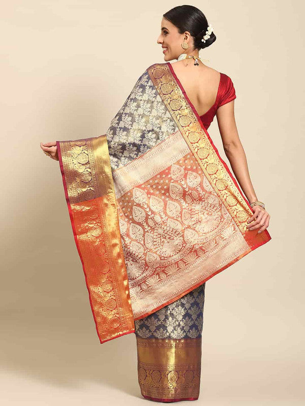 Navy Blue Art Silk Woven Zari Design Floral Saree with Unstitched Blouse - Hiral Fashion - Distacart