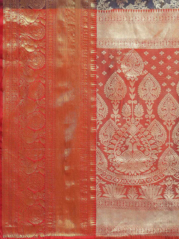 Navy Blue Art Silk Woven Zari Design Floral Saree with Unstitched Blouse - Hiral Fashion - Distacart