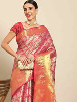 Thumbnail for Pink Art Silk Woven Zari Design Floral Saree with Unstitched Blouse - Hiral Fashion - Distacart