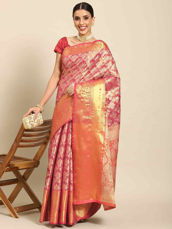 Pink Art Silk Woven Zari Design Floral Saree with Unstitched Blouse - Hiral Fashion - Distacart