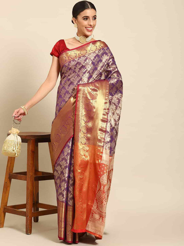 Purple Art Silk Woven Zari Design Floral Saree with Unstitched Blouse - Hiral Fashion - Distacart