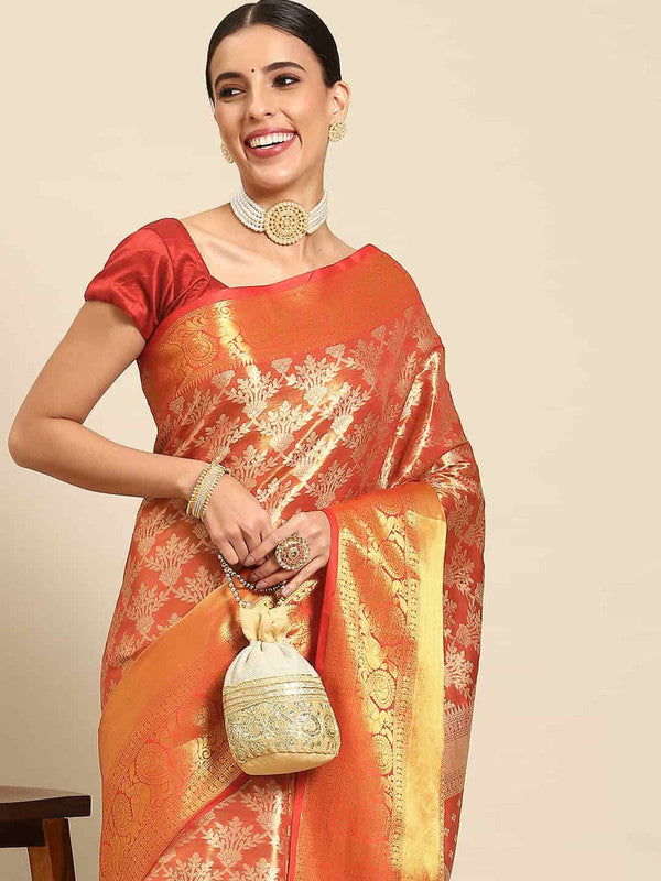Red Art Silk Woven Zari Design Floral Saree with Unstitched Blouse - Hiral Fashion - Distacart
