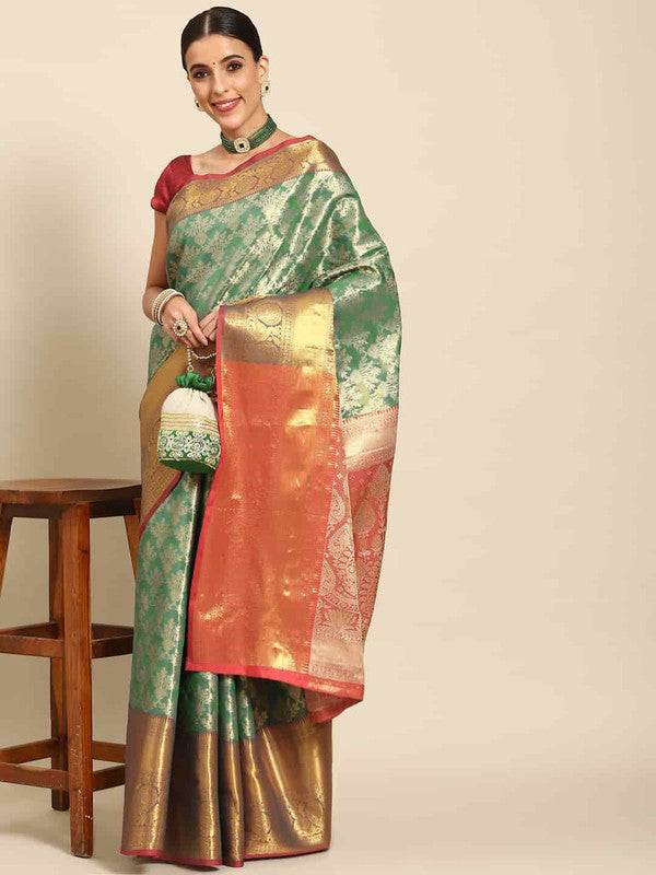 Turquoise Art Silk Woven Zari Design Floral Saree with Unstitched Blouse - Hiral Fashion - Distacart