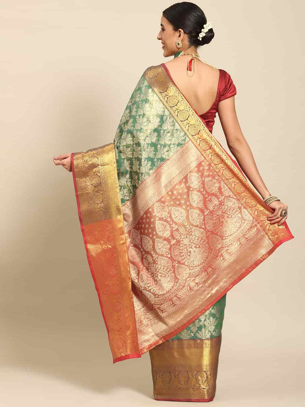 Turquoise Art Silk Woven Zari Design Floral Saree with Unstitched Blouse - Hiral Fashion - Distacart