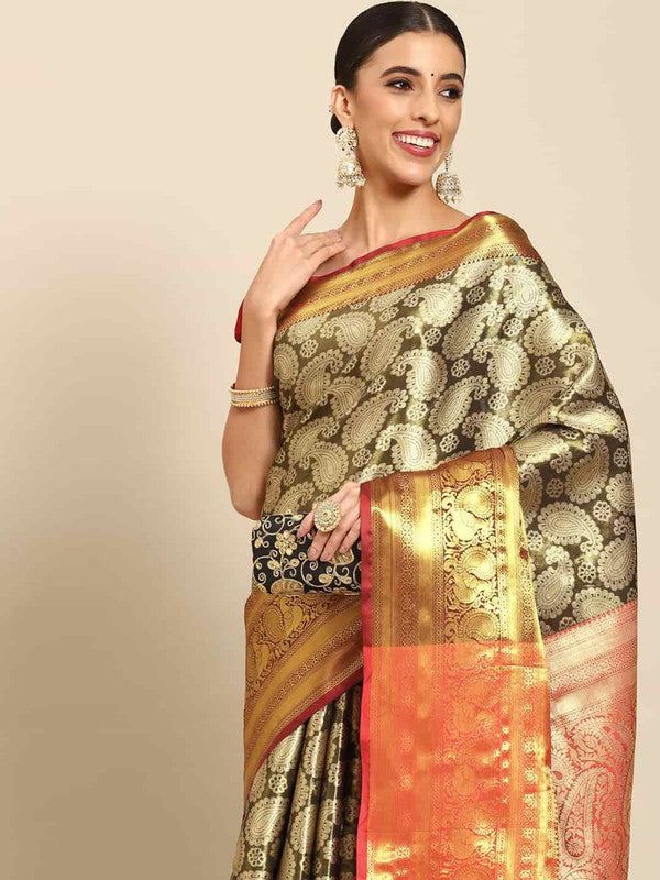 Black Art Silk Woven Zari Design Floral Saree with Unstitched Blouse - Hiral Fashion - Distacart
