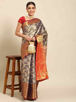 Thumbnail for Navy Blue Art Silk Woven Zari Design Floral Saree with Unstitched Blouse - Hiral Fashion - Distacart