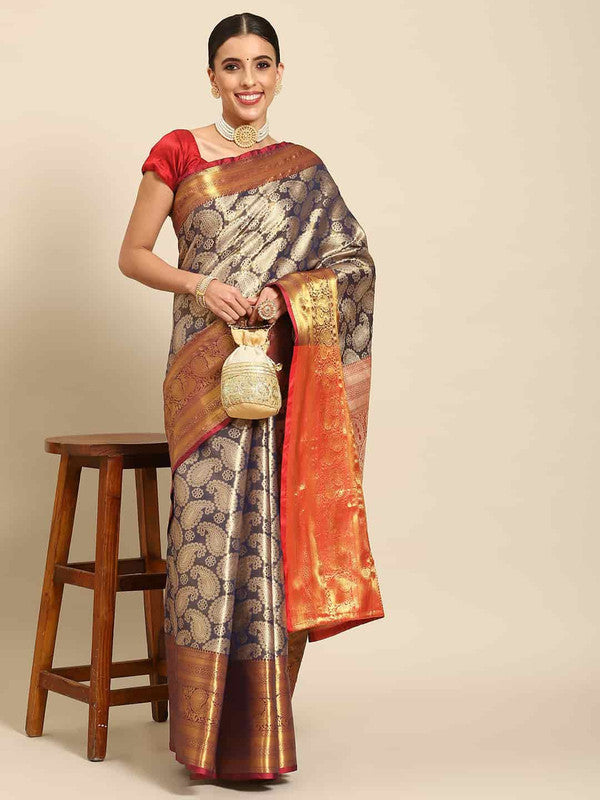 Navy Blue Art Silk Woven Zari Design Floral Saree with Unstitched Blouse - Hiral Fashion - Distacart