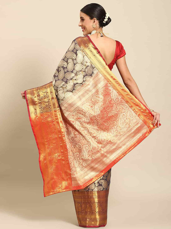 Navy Blue Art Silk Woven Zari Design Floral Saree with Unstitched Blouse - Hiral Fashion - Distacart