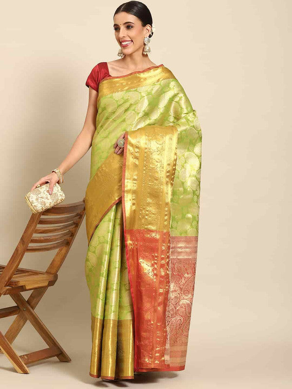Green Art Silk Woven Zari Design Floral Saree with Unstitched Blouse - Hiral Fashion - Distacart