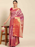 Thumbnail for Pink Art Silk Woven Zari Design Floral Saree with Unstitched Blouse - Hiral Fashion - Distacart
