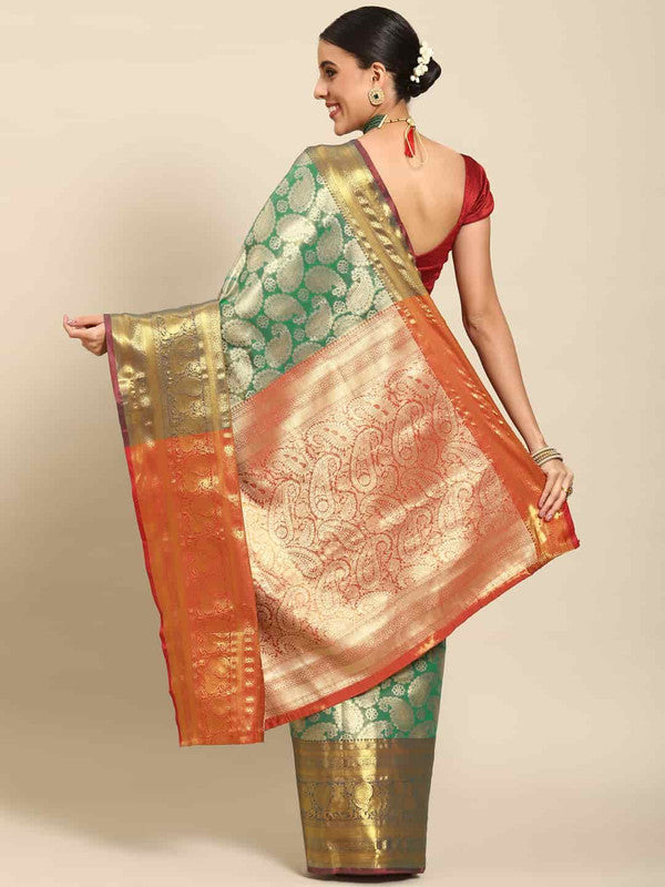 Turquoise Art Silk Woven Zari Design Floral Saree with Unstitched Blouse - Hiral Fashion - Distacart