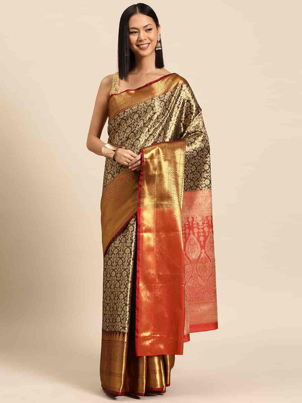 Black Brocade Woven Zari Design Ethnic Motifs Saree with Unstitched Blouse - Hiral Fashion - Distacart