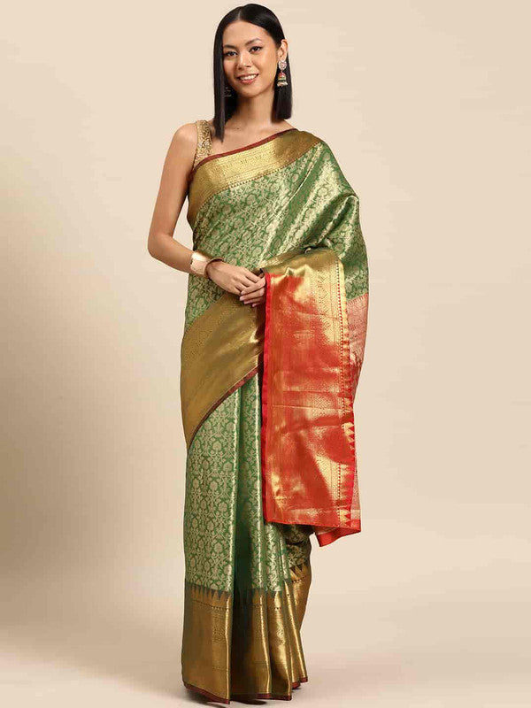 Green Brocade Woven Zari Design Ethnic Motifs Saree with Unstitched Blouse - Hiral Fashion - Distacart