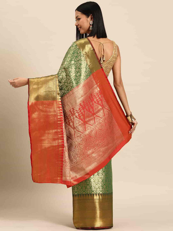 Green Brocade Woven Zari Design Ethnic Motifs Saree with Unstitched Blouse - Hiral Fashion - Distacart