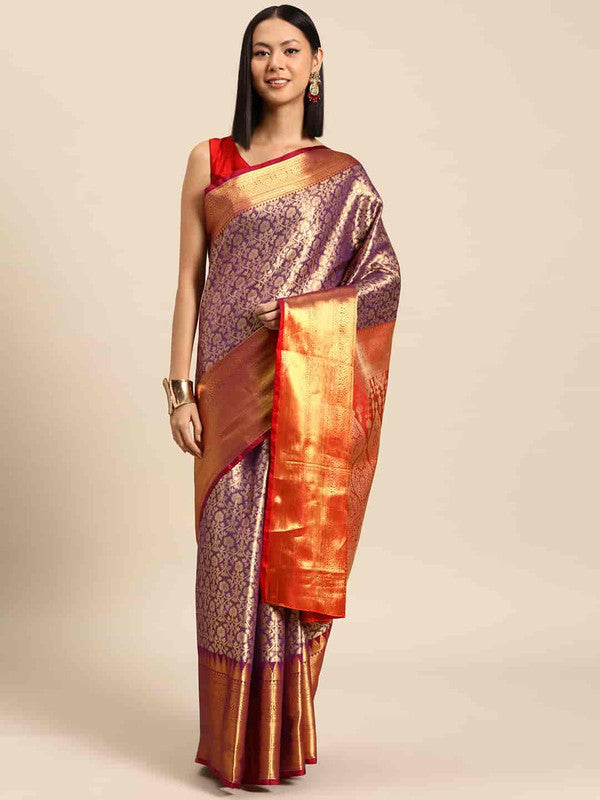 Purple Brocade Woven Zari Design Ethnic Motifs Saree with Unstitched Blouse - Hiral Fashion - Distacart