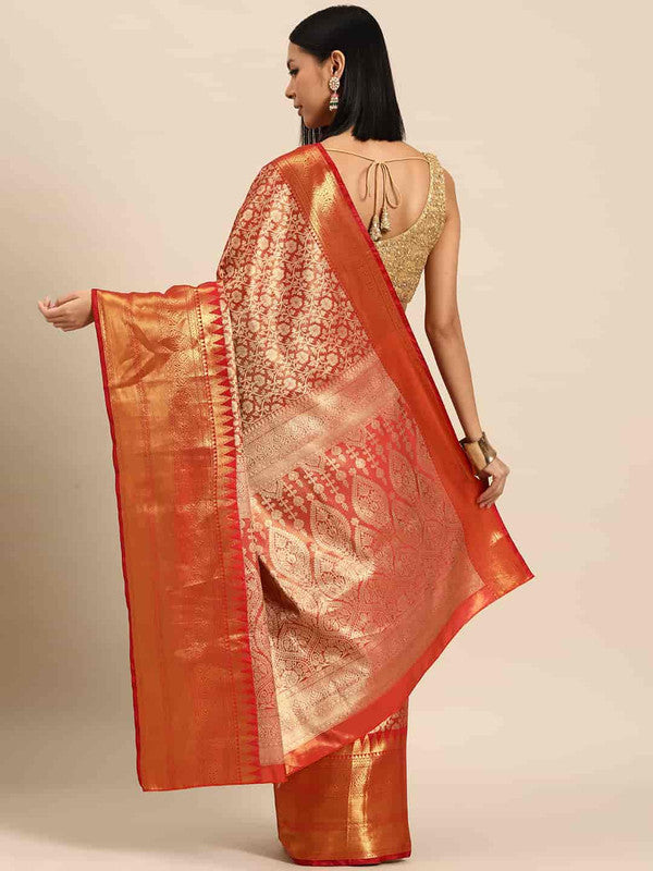 Red Brocade Woven Zari Design Ethnic Motifs Saree with Unstitched Blouse - Hiral Fashion - Distacart