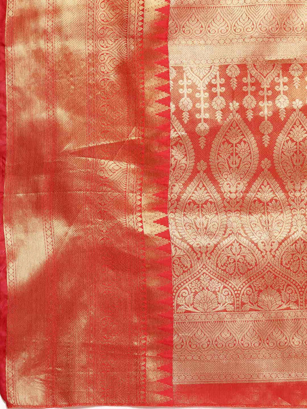 Red Brocade Woven Zari Design Ethnic Motifs Saree with Unstitched Blouse - Hiral Fashion - Distacart