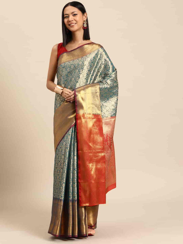 Turquoise Brocade Woven Zari Design Ethnic Motifs Saree with Unstitched Blouse - Hiral Fashion - Distacart