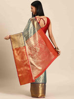 Thumbnail for Turquoise Brocade Woven Zari Design Ethnic Motifs Saree with Unstitched Blouse - Hiral Fashion - Distacart