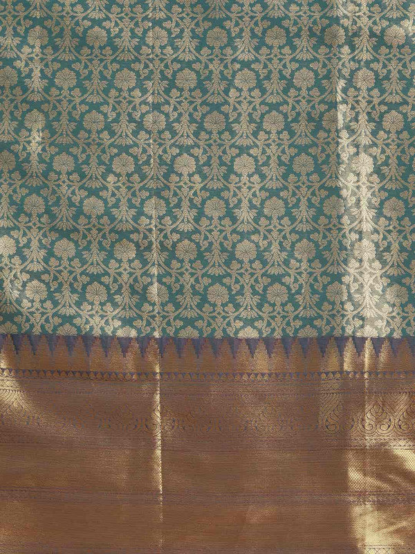 Turquoise Brocade Woven Zari Design Ethnic Motifs Saree with Unstitched Blouse - Hiral Fashion - Distacart