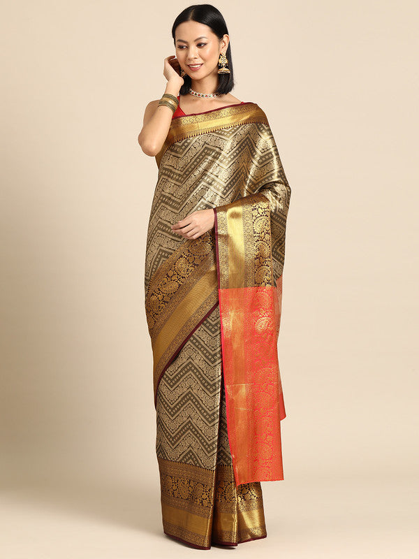 Black Brocade Woven Zari Design Striped Saree with Unstitched Blouse - Hiral Fashion - Distacart