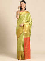 Thumbnail for Green Brocade Woven Zari Design Striped Saree with Unstitched Blouse - Hiral Fashion - Distacart