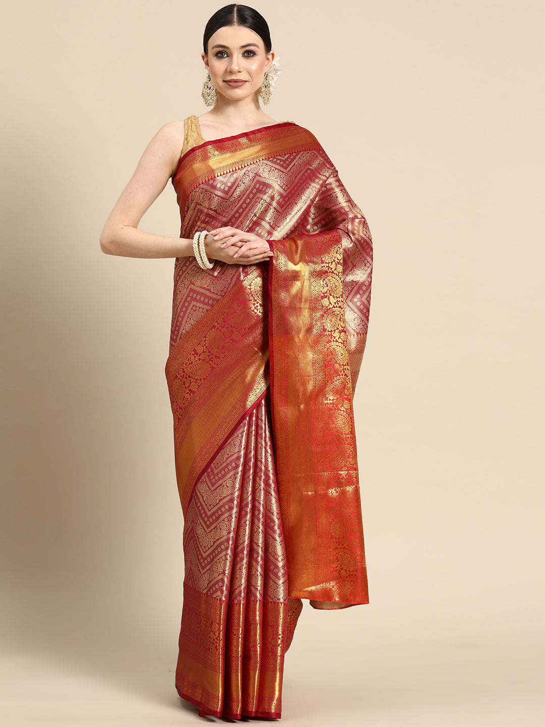 Pink Brocade Woven Zari Design Striped Saree with Unstitched Blouse - Hiral Fashion - Distacart