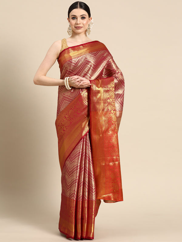 Pink Brocade Woven Zari Design Striped Saree with Unstitched Blouse - Hiral Fashion - Distacart