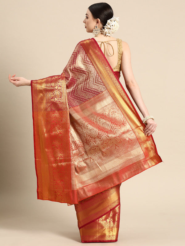 Pink Brocade Woven Zari Design Striped Saree with Unstitched Blouse - Hiral Fashion - Distacart