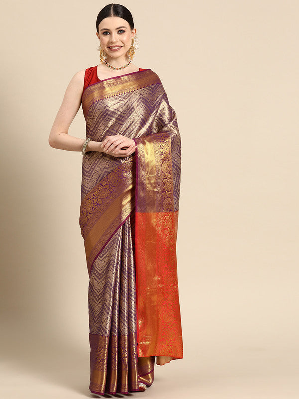 Purple Brocade Woven Zari Design Striped Saree with Unstitched Blouse - Hiral Fashion - Distacart