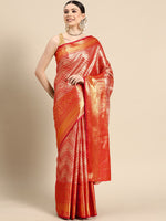 Thumbnail for Red Brocade Woven Zari Design Striped Saree with Unstitched Blouse - Hiral Fashion - Distacart