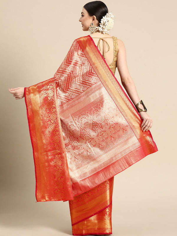 Red Brocade Woven Zari Design Striped Saree with Unstitched Blouse - Hiral Fashion - Distacart