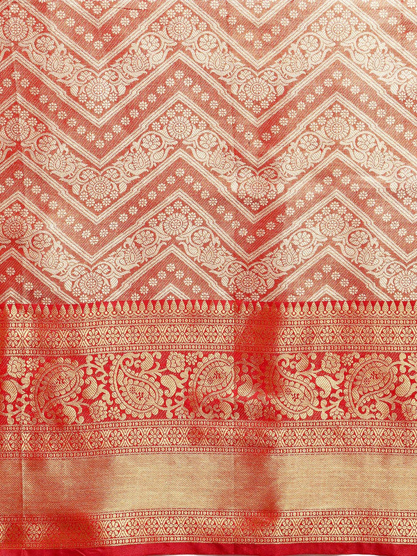Red Brocade Woven Zari Design Striped Saree with Unstitched Blouse - Hiral Fashion - Distacart