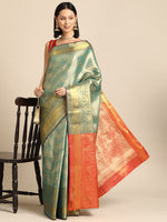 Thumbnail for Turquoise Brocade Woven Zari Design Striped Saree with Unstitched Blouse - Hiral Fashion - Distacart