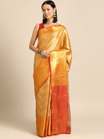 Thumbnail for Yellow Brocade Woven Zari Design Striped Saree with Unstitched Blouse - Hiral Fashion - Distacart