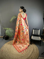 Thumbnail for Joban Fashion Pastel Red Floral & Bird Motifs Soft Silk Paithani Saree - Distacart
