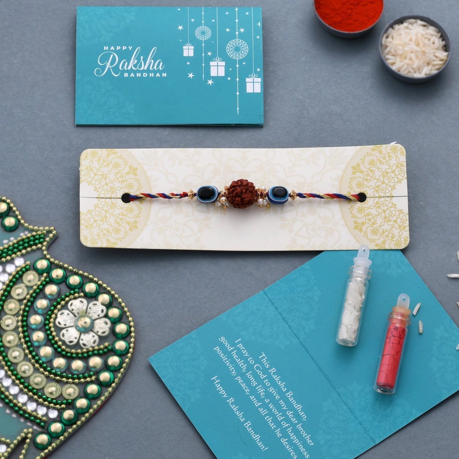 trueBrowns X Voylla Evil Eye Beaded Rakhi Embellished With Rudraksha