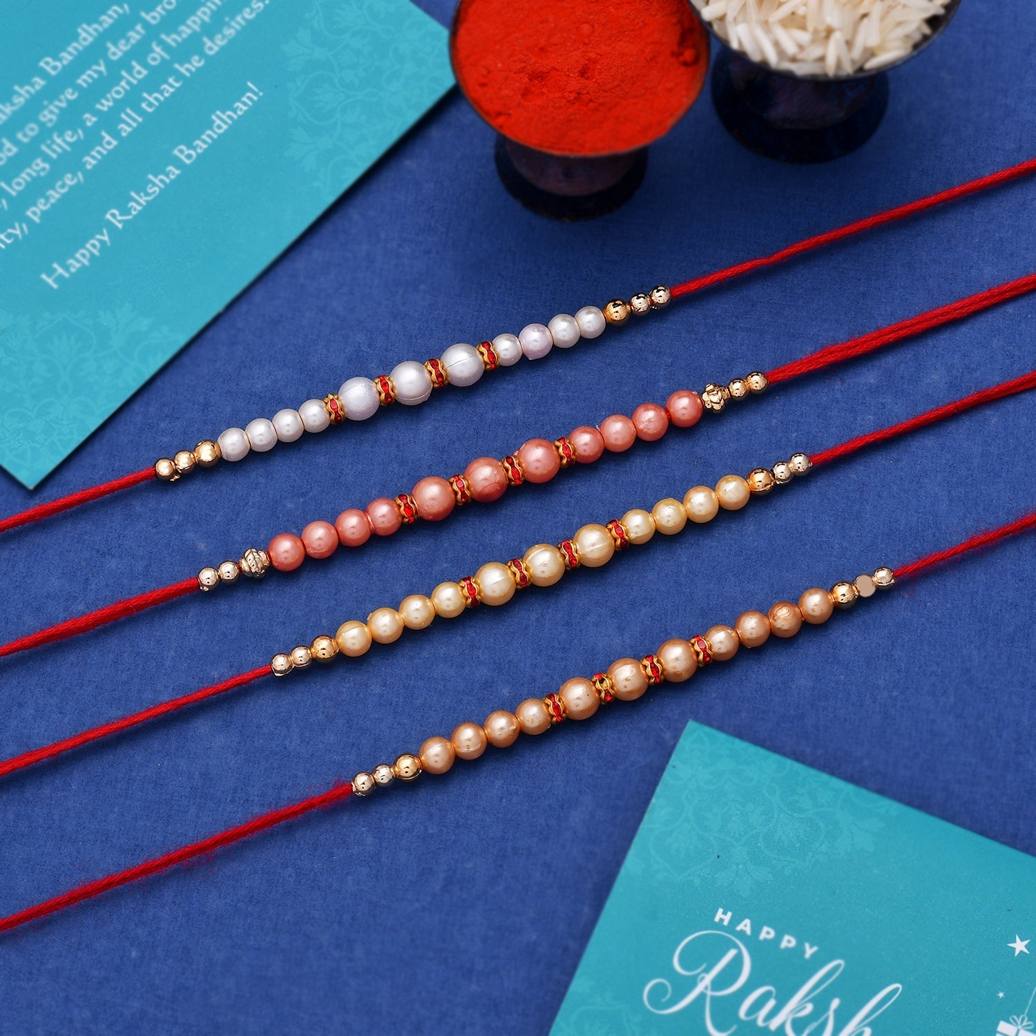 trueBrowns X Voylla Set of 4 Pearl Beads Embellished Flamboyant Rakhi - Distacart