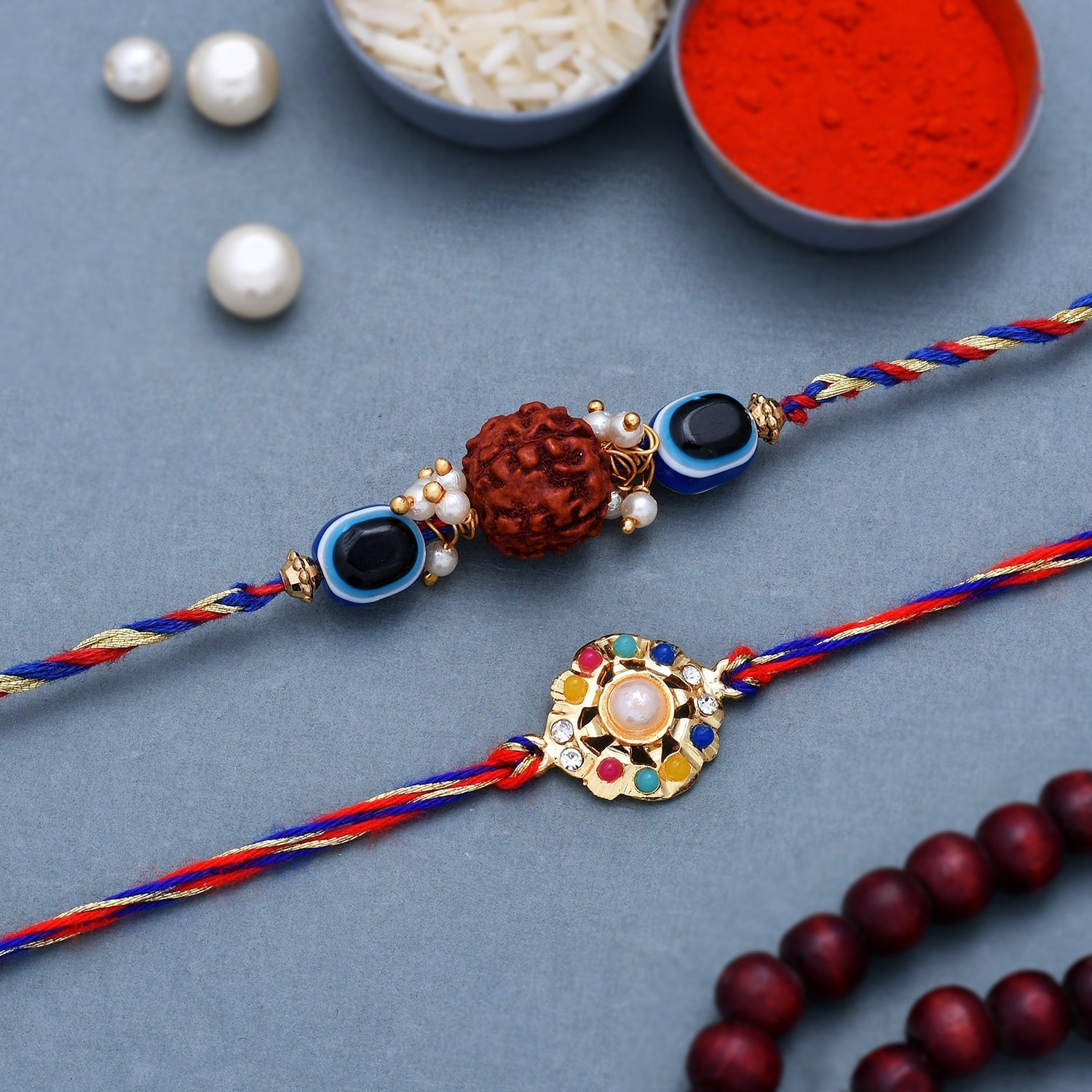 trueBrowns X Voylla Set Of 2 Colorful Stones And Rudraksha Evil Eye Rakhi - Distacart