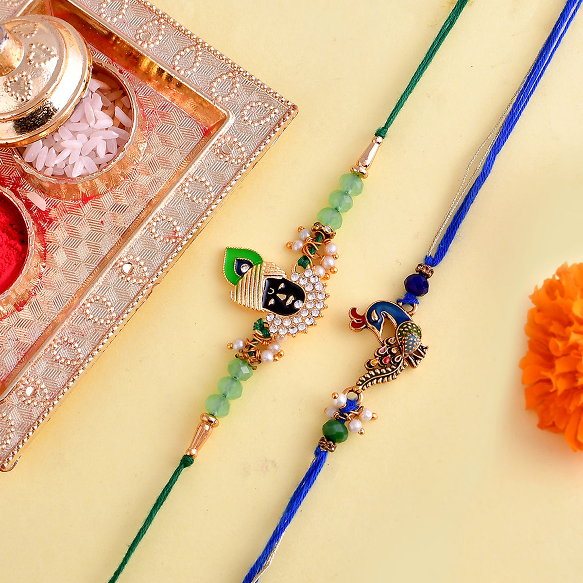trueBrowns X Voylla Pack of 2 Green Lord Krishna And Blue Peacock Rakhi - Distacart