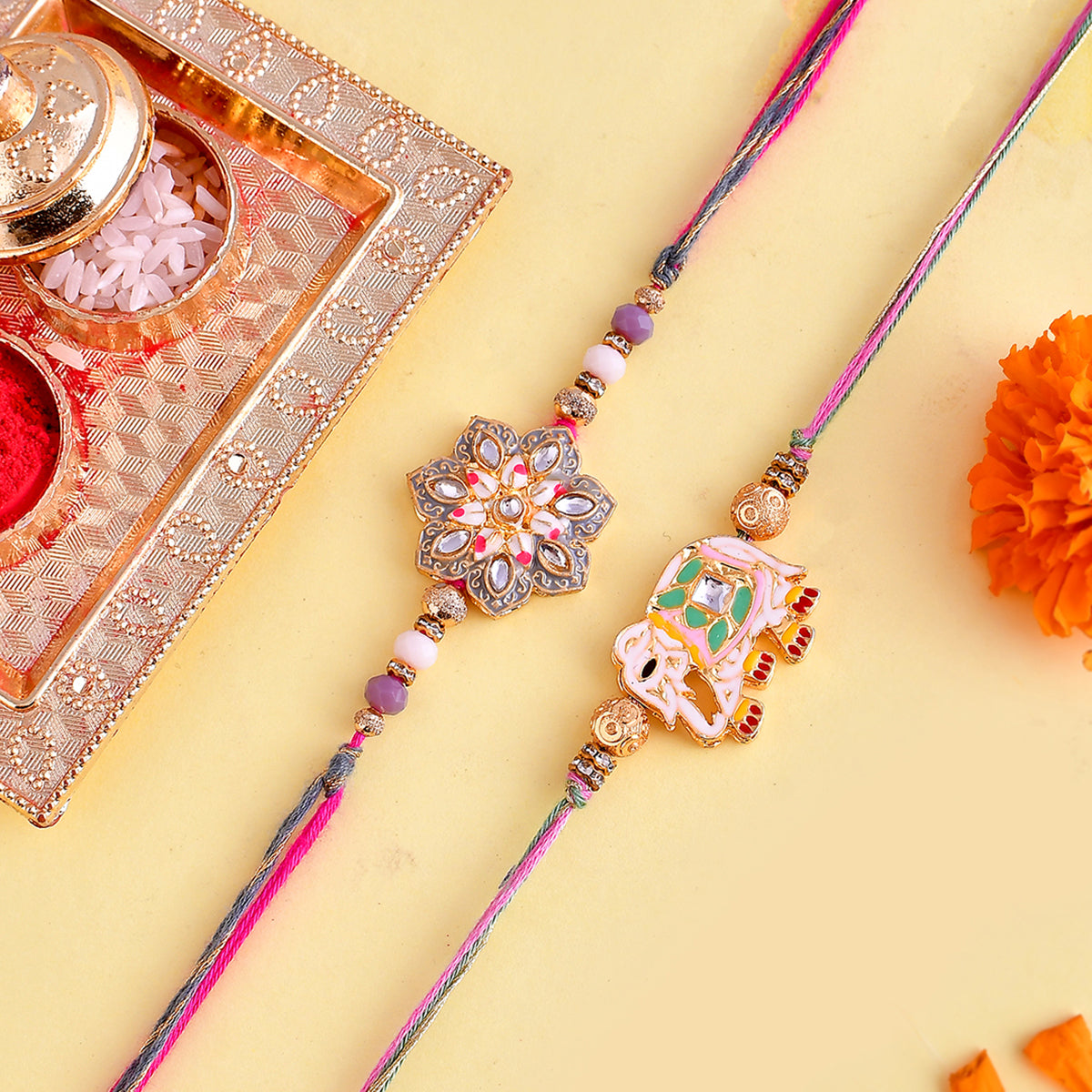 trueBrowns X Voylla Pack of 2 Meenakari Kundan Floral And Elephant Rakhi - Distacart