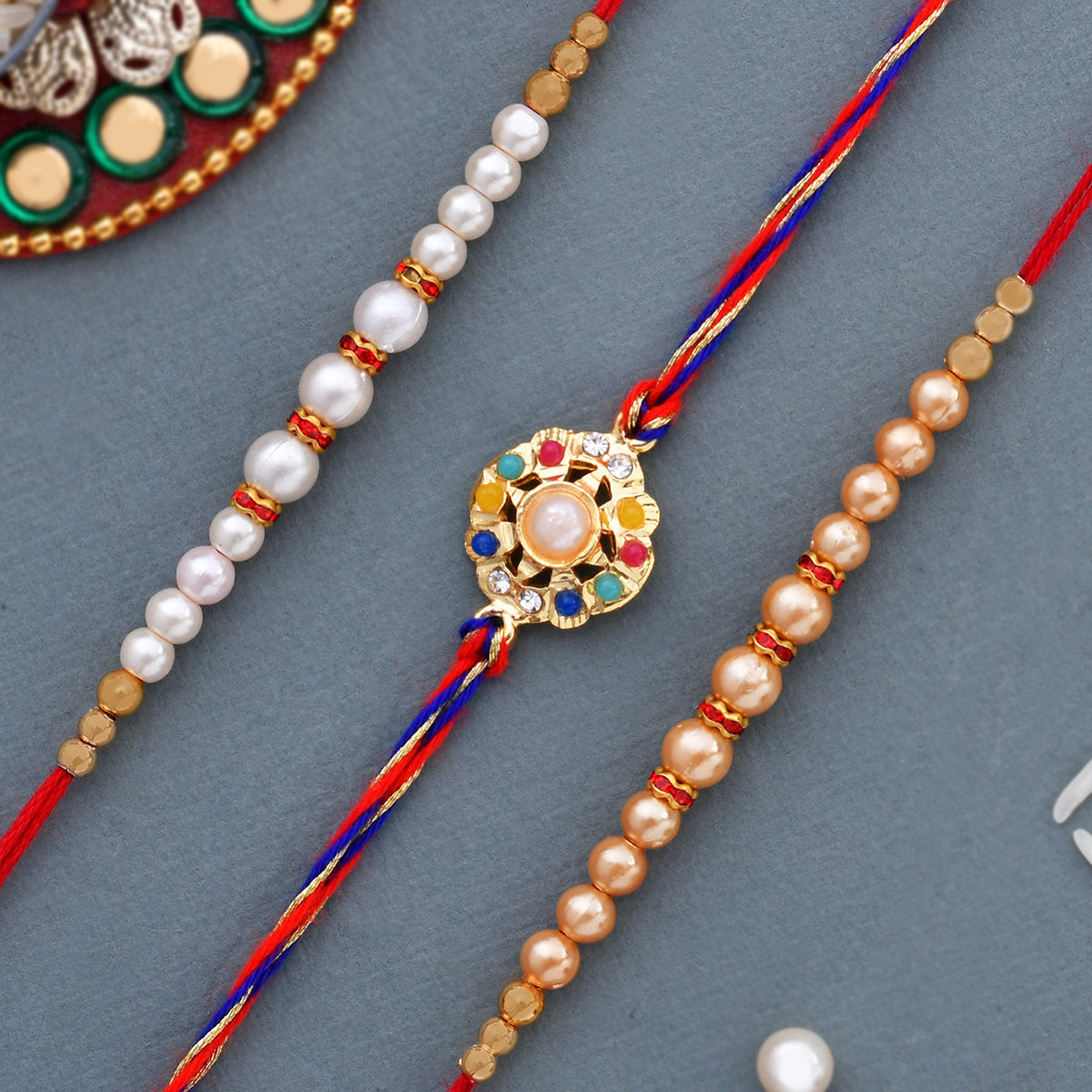 trueBrowns X Voylla Set of 3 Pearl Beads Studded Thread Rakhi