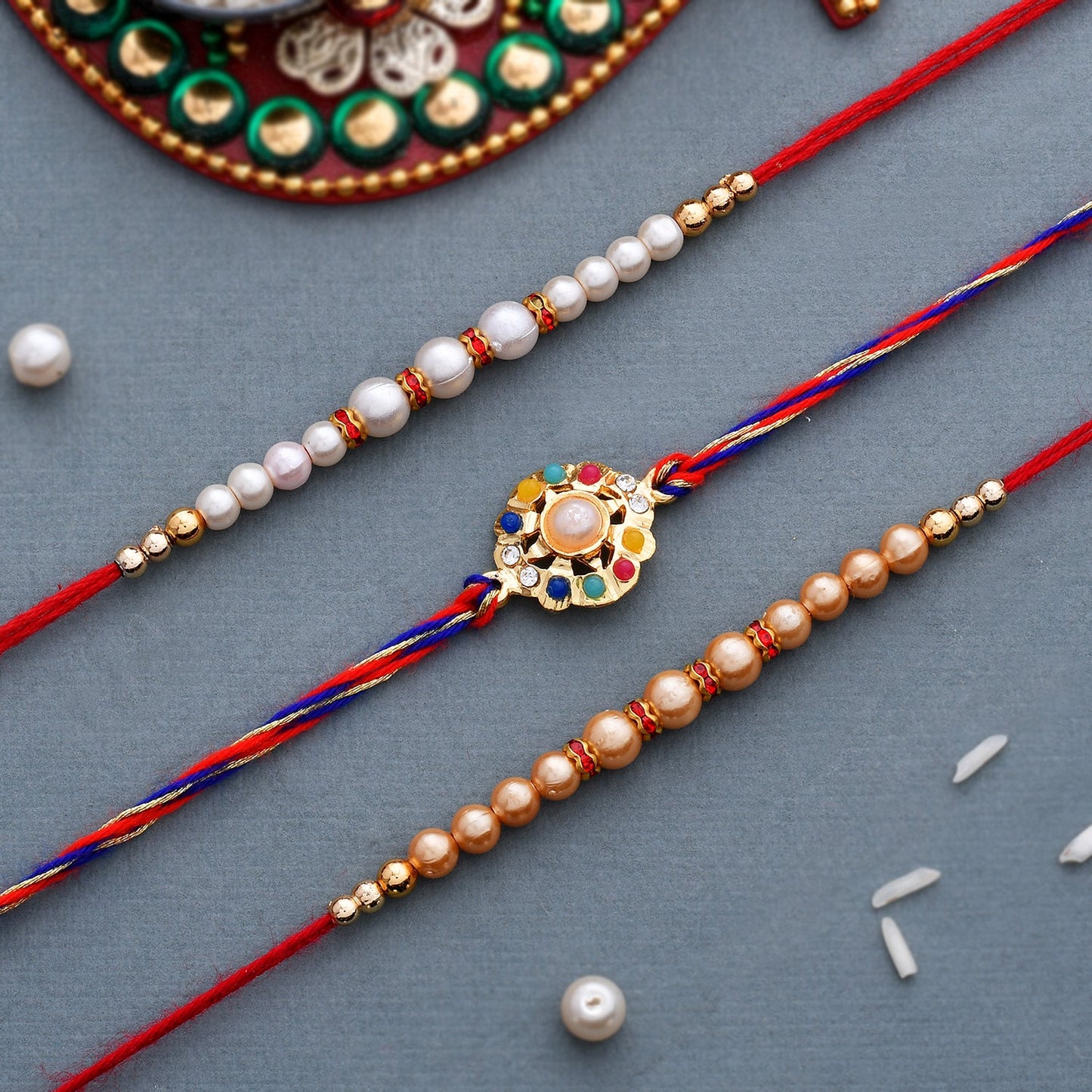 trueBrowns X Voylla Set of 3 Pearl Beads Studded Thread Rakhi - Distacart