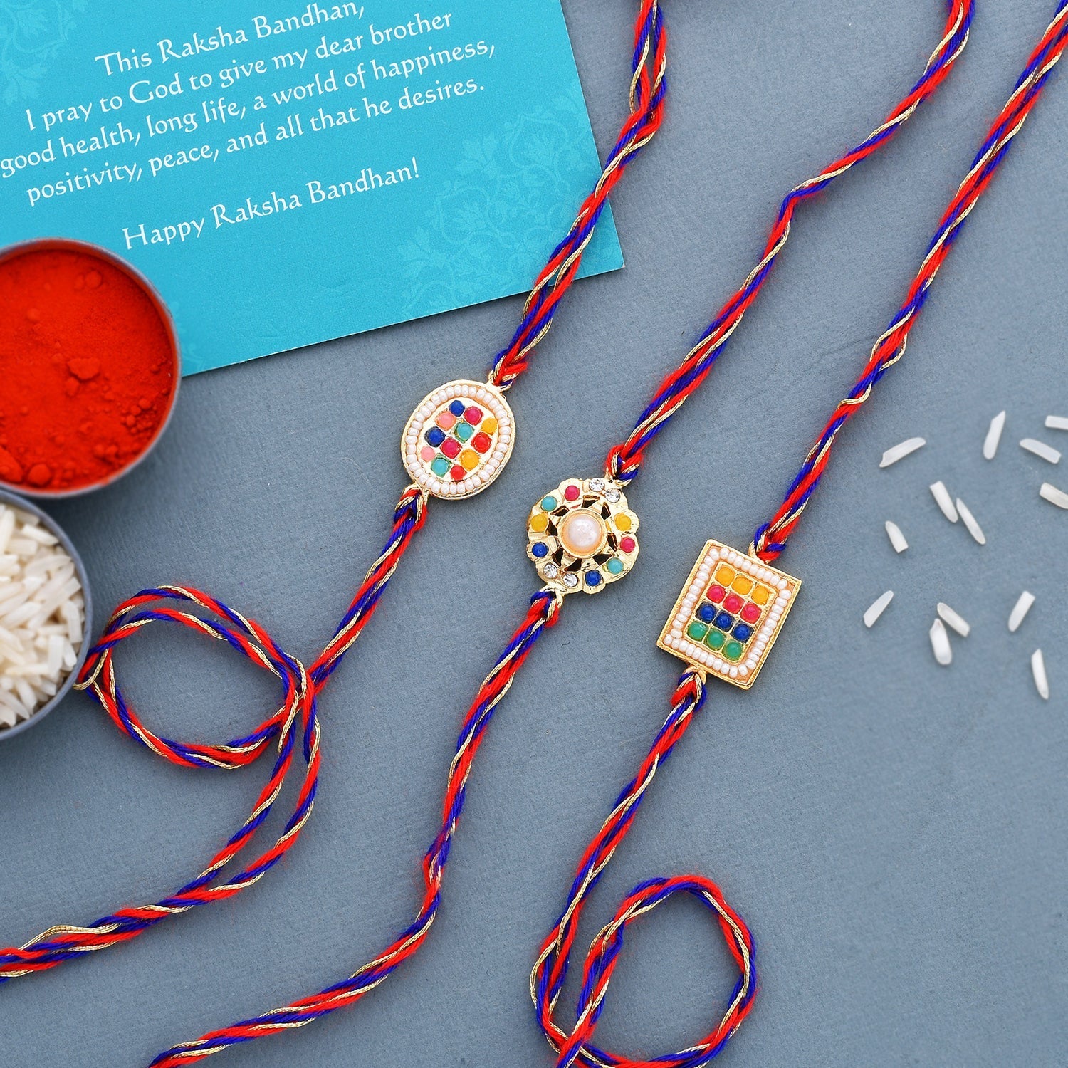 trueBrowns X Voylla Set of 3 Colorful Beads Studded Thread Rakhi