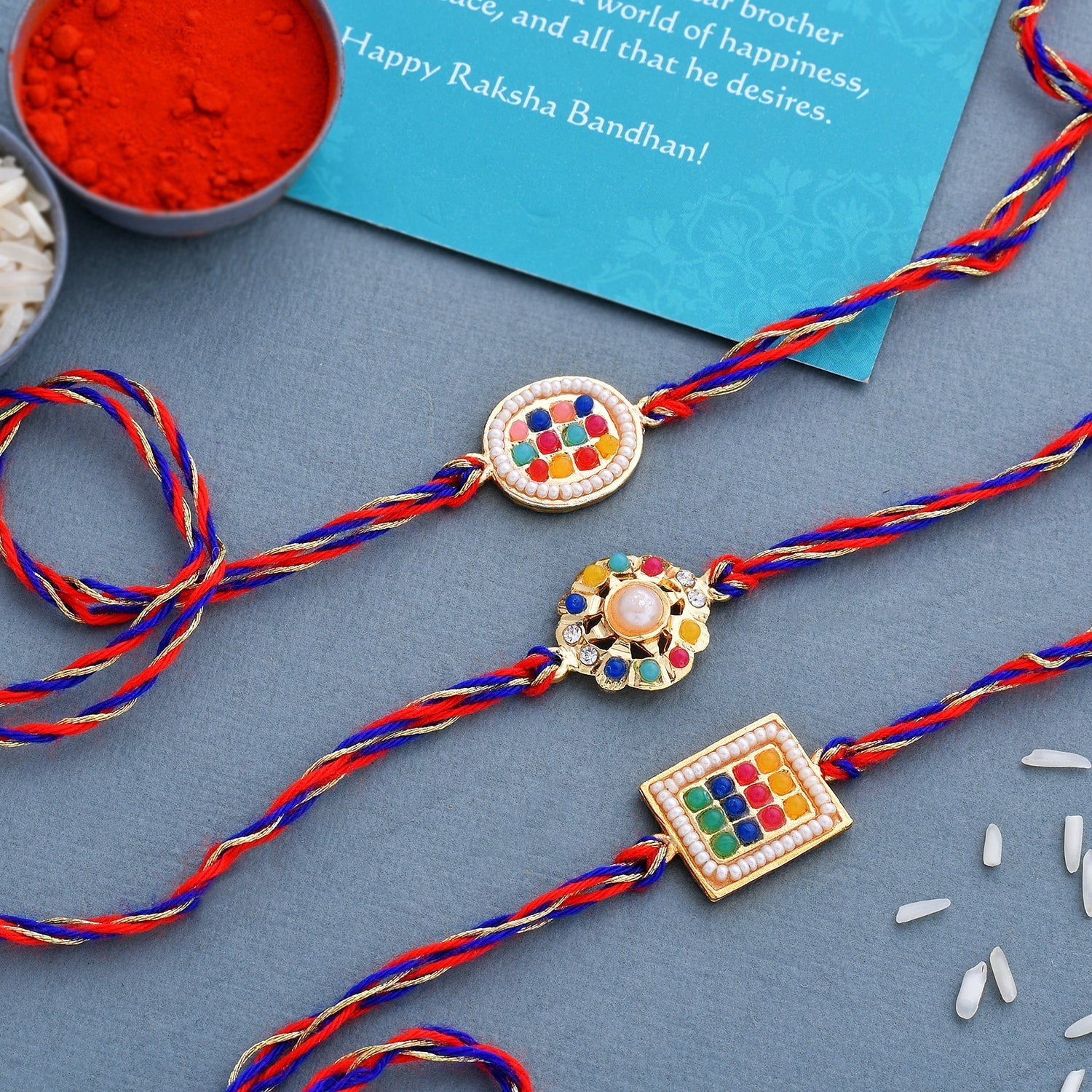 trueBrowns X Voylla Set of 3 Colorful Beads Studded Thread Rakhi - Distacart