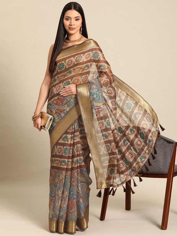 Multicolor Cotton Blend Printed Kalamkari Saree with Unstitched Blouse - Hiral Fashion - Distacart