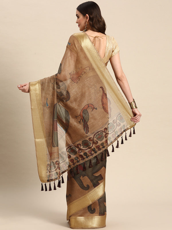 Multicolor Cotton Blend Printed Kalamkari Saree with Unstitched Blouse - Hiral Fashion - Distacart